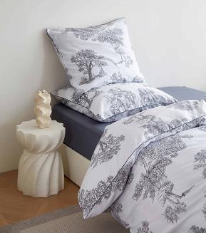 Biała Pościel Vintage z Nadrukiem Satyna Bawełniana 160x200 z Szarą Lamówką Biza