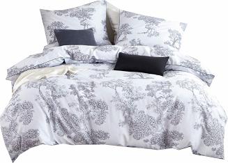 Pościel satyna bawełniana VINTAGE 160x200 biała szara botaniczny nadruk lamówka biza