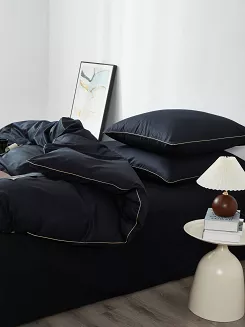 Pościel satyna bawełniana Queen Premium 160x200 czarna ze złotą lamówką