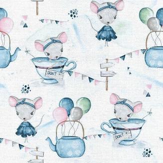 Pielucha flanelowa 75x75 biała niebieska różowa myszki w filiżance