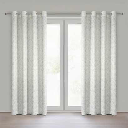 Zasłona gotowa na przelotkach RONYA 140x250 Eurofirany kremowa z błyszczącym grafitowym nadrukiem