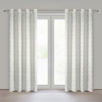 Zasłona gotowa na przelotkach RONYA 140x250 Eurofirany kremowa z błyszczącym grafitowym nadrukiem