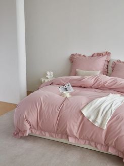 Pościel satyna bawełniana 160x200 Ruffy Premium pudrowa z falbanką