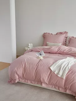 Pościel satyna bawełniana 160x200 Ruffy Premium pudrowa z falbanką