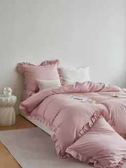 Pościel satyna bawełniana 160x200 Ruffy Premium pudrowa z falbanką