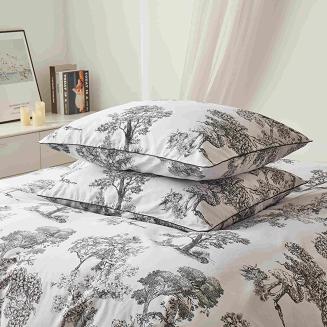 Biała Pościel Vintage z Nadrukiem Satyna Bawełniana 220x200 z Czarną Lamówką Biza