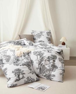 Biała Pościel Vintage z Nadrukiem Satyna Bawełniana 220x200 z Czarną Lamówką Biza