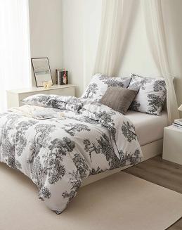 Biała Pościel Vintage z Nadrukiem Satyna Bawełniana 220x200 z Czarną Lamówką Biza