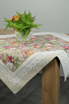 Obrus dekoracyjny gobelin 100x100 Eurofirany oliwkowy w róże