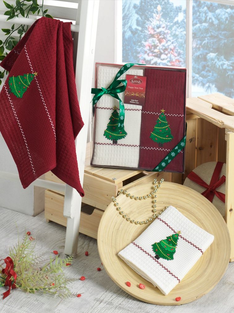 KOMPLET ręczników 2 cz. świąteczny biały czerwony choinka