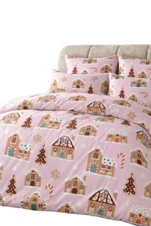 Pościel dziecięca świąteczna satyna bawełniana GINGERHOUSE 100x160  pudrowa miodowa w domki z piernika