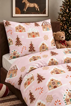 Pościel dziecięca świąteczna satyna bawełniana GINGERHOUSE 100x160  pudrowa miodowa w domki z piernika