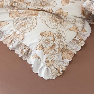Pościel z falbanką160x200 kremowa brązowa mocha mousse rysowane kwiaty