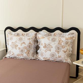 Pościel z falbanką160x200 kremowa brązowa mocha mousse rysowane kwiaty