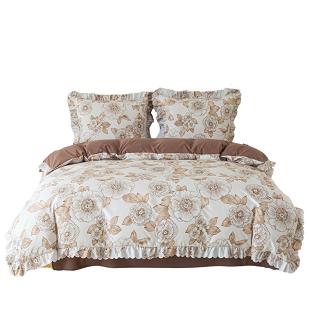 Pościel z falbanką 160x200 kremowa brązowa mocha mousse rysowane kwiaty malwy