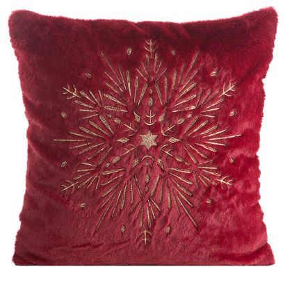 Poszewka dekoracyjna świąteczna 45x45 Eurofirany bordowa futerko złota haftowana śnieżynka