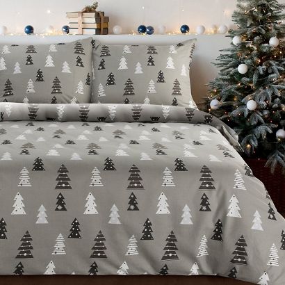 Komplet pościeli świąteczny LENON 160x200 Eurofirany flanela stalowy białe czarne choinki