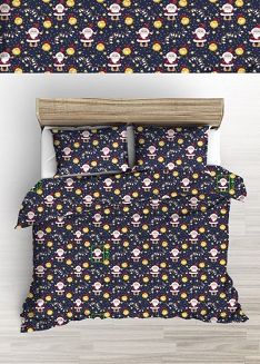 Pościel bawełniana świąteczna 160x200 granatowa mikołaj z lampkami