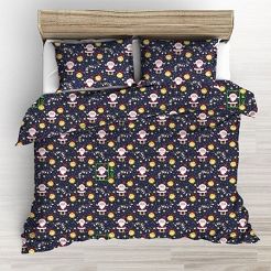 Pościel bawełniana świąteczna 160x200 granatowa mikołaj z lampkami