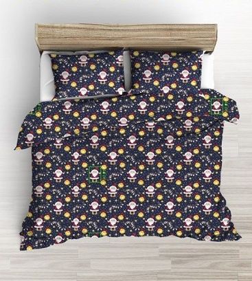 Pościel bawełniana świąteczna 160x200 granatowa mikołaj z lampkami