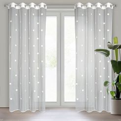 Firana gotowa na przelotkach ELSA 140x250 Eurofirany biała z haftowanymi różowymi kwiatuszkami