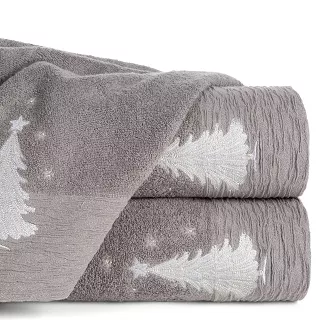 Ręcznik świąteczny JOY 70x140 Eurofirany stalowy zdobiony haftem w choinki