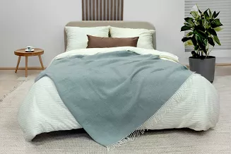 Koc bawełniano-akrylowy PURE 150x200 miętowy jacquard gofrowy wzór z frędzlami