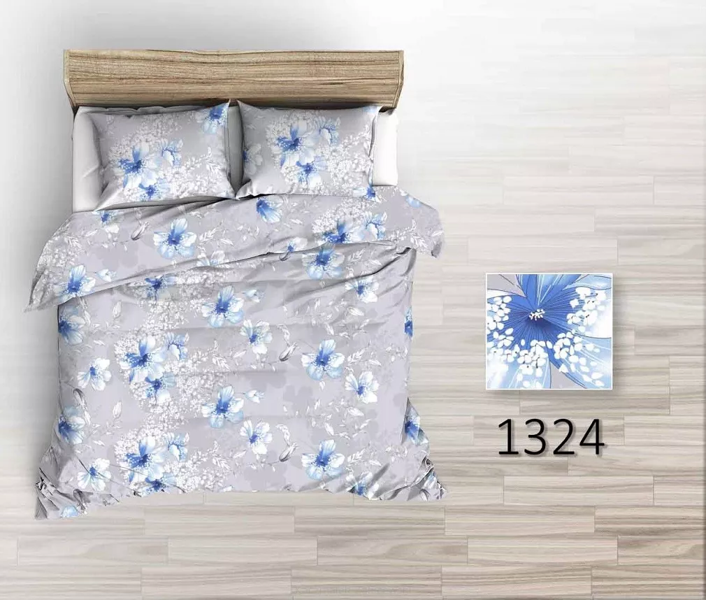 Pościel flanelowa 160x200 niebieskie kwiaty na szarym tle