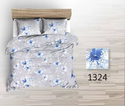 Pościel flanelowa 160x200 niebieskie kwiaty na szarym tle