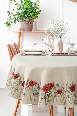Obrus dekoracyjny gobelin owalny 140x180 Eurofirany naturalny kwiaty maki