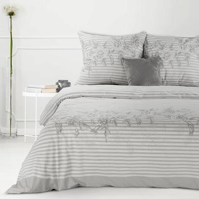 Pościel bawełniana Classic Deluxe SARA 140x200 Eurofirany jasnopopielata pasy kwiaty róże