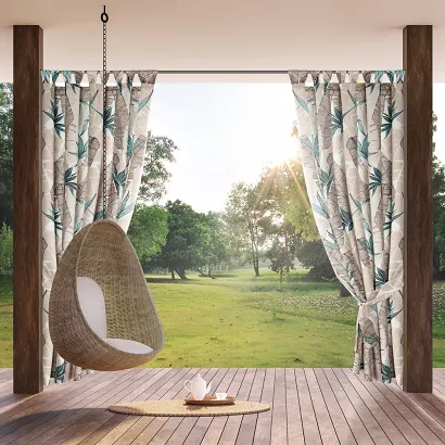 Zasłona gotowa na szelkach wodoodporna GARDEN 155x260 ogrodowa beżowa z motywem botanicznym