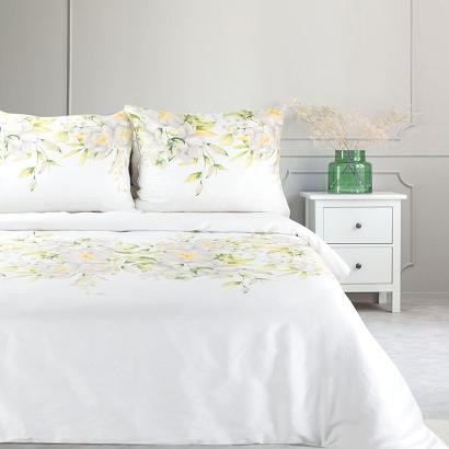 Pościel satynowa SPRING 200x220 Eurofirany biała żółta zielona kwitnące gałązki