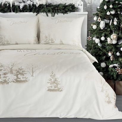 Komplet pościeli świąteczny SNOWFLAKE 160x200 Eurofirany beżowy biały zimowy krajobraz Merry Christm