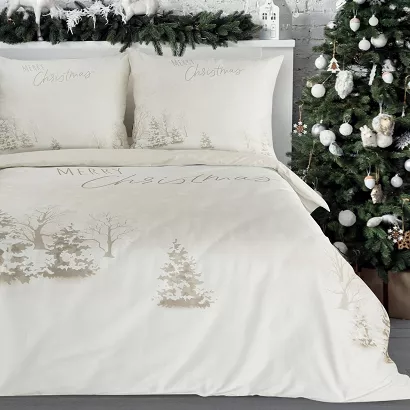 Komplet pościeli świąteczny SNOWFLAKE 160x200 Eurofirany beżowy biały zimowy krajobraz Merry Christm