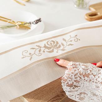 Obrus z kwiatowym haftem ASTRA 120x180 biały beżowy