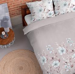 Pościel flanelowa 200x220 szara beżowa turkusowa pastelowe kwiaty