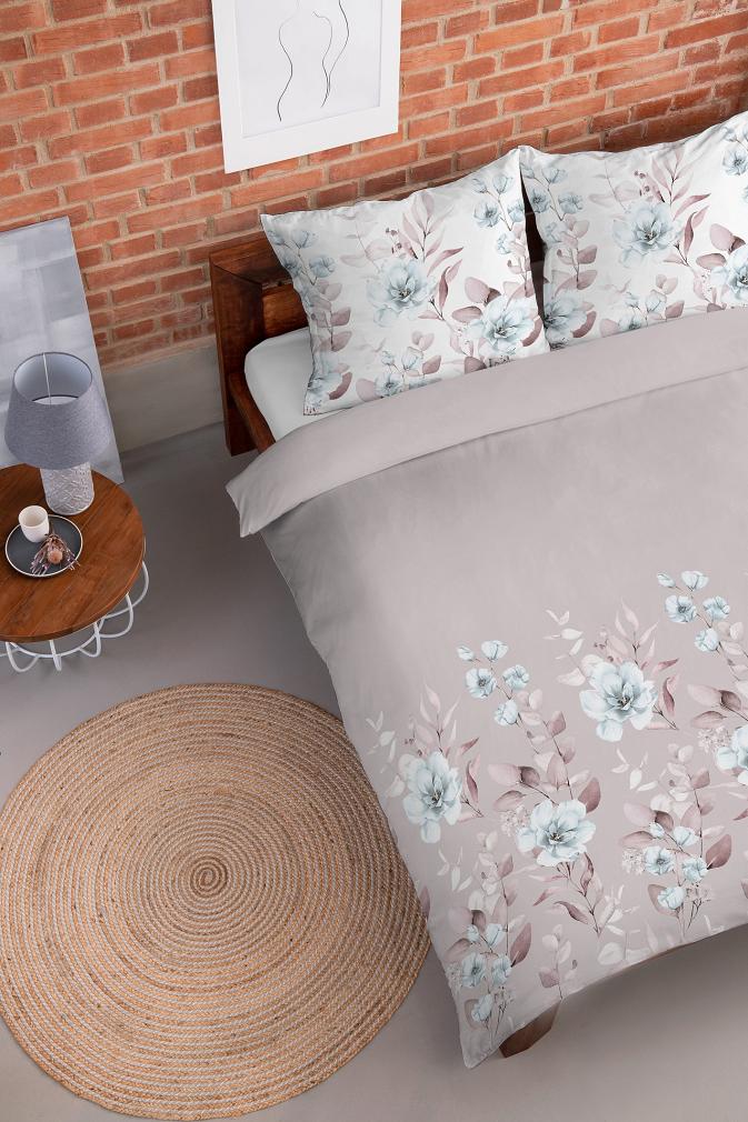Pościel flanelowa 200x220 szara beżowa turkusowa pastelowe kwiaty