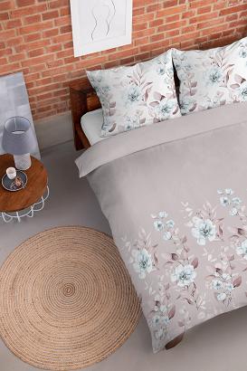 Pościel flanelowa 200x220 szara beżowa turkusowa pastelowe kwiaty