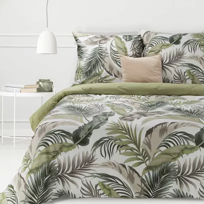 Pościel bawełniana renforce Classic Deluxe SARA 160x200 Eurofirany oliwkowa biała egzotyczne liście