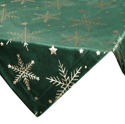 Obrus świąteczny 85x85 Eurofirany welwetowy ciemnozielony w złociste śnieżynki