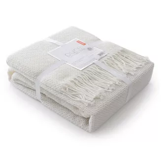 Koc bawełniano-akrylowy PURE 150x200 kremowy jacquard gofrowy wzór z frędzlami