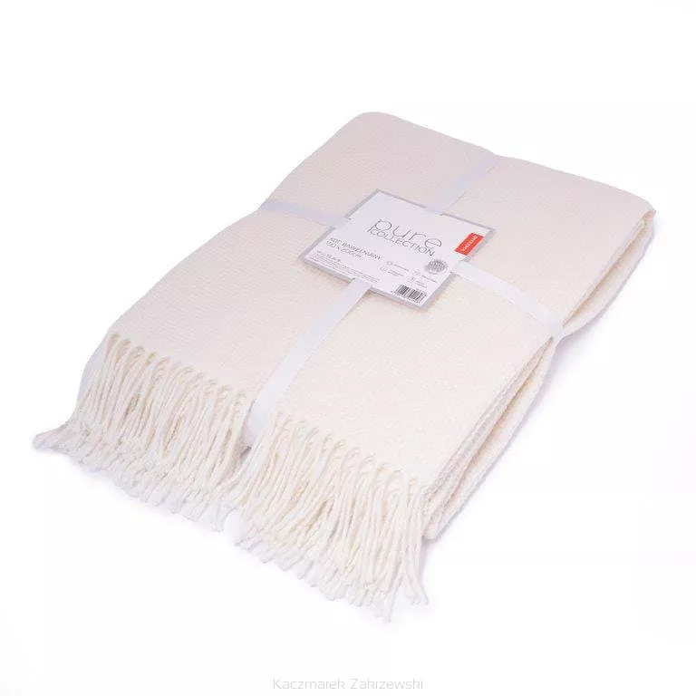 Koc bawełniano-akrylowy PURE 150x200 kremowy jacquard gofrowy wzór z frędzlami