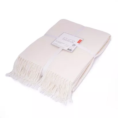 Koc bawełniano-akrylowy PURE 150x200 kremowy jacquard gofrowy wzór z frędzlami