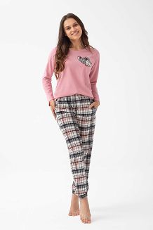 Piżama damska LUNA kod 320 różowa aplikacja serca spodnie w kratę