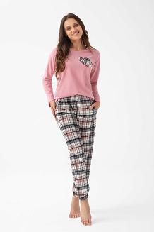 Piżama damska LUNA kod 320 różowa aplikacja serca spodnie w kratę
