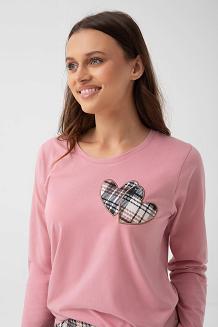 Piżama damska LUNA kod 320 różowa aplikacja serca spodnie w kratę