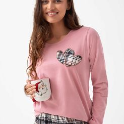 Piżama damska LUNA kod 320 różowa aplikacja serca spodnie w kratę