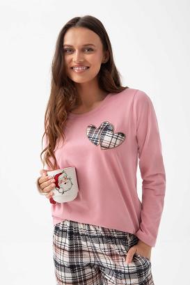 Piżama damska LUNA kod 322 różowa aplikacja dwa serca spodnie w kratę