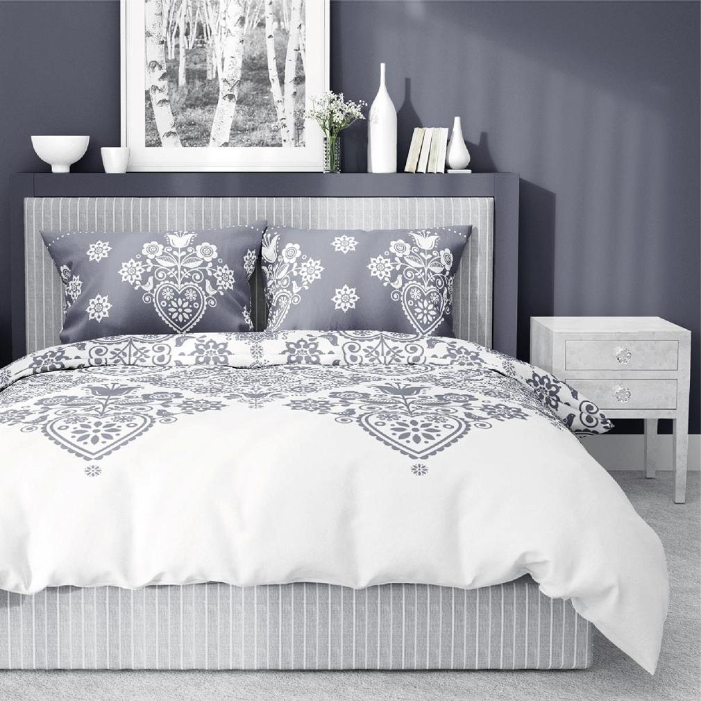 Pościel bawełniana 200x220 Detexpol szare kwiaty i serca